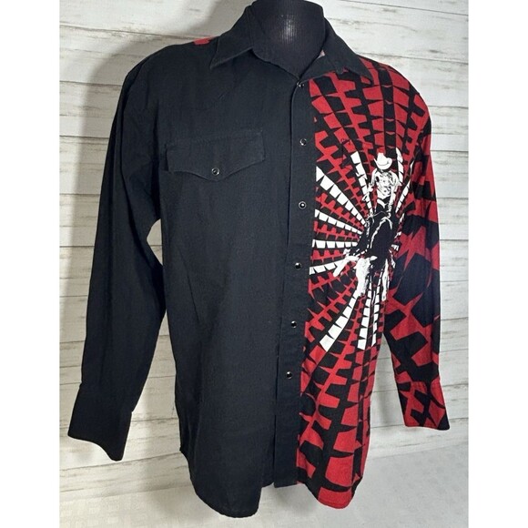 RARE! Wrangler Rodeo Cowboy Bull Rider Print Western Shirt Pearl Snap LARGE Men